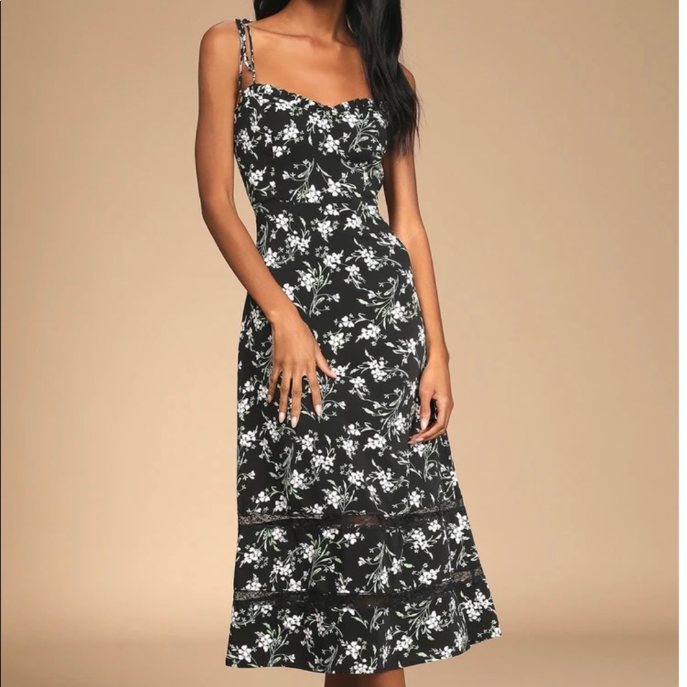 See the Blooms Black Floral Print Tie-Strap Midi Dress